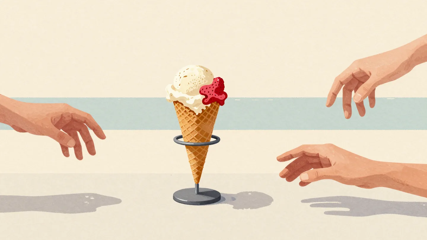 Two hands with scoops of vanilla and strawberry ice cream both reaching for the same single cone.