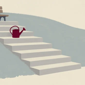 Wide stone steps climbing a garden hillside toward a bench