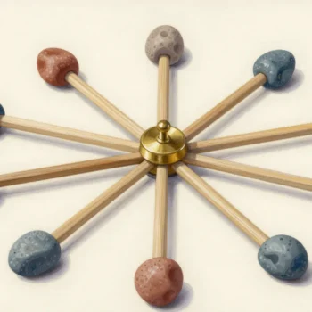 Unmarked wooden spokes radiate from a brass hub toward blue, terracotta and pale stones.