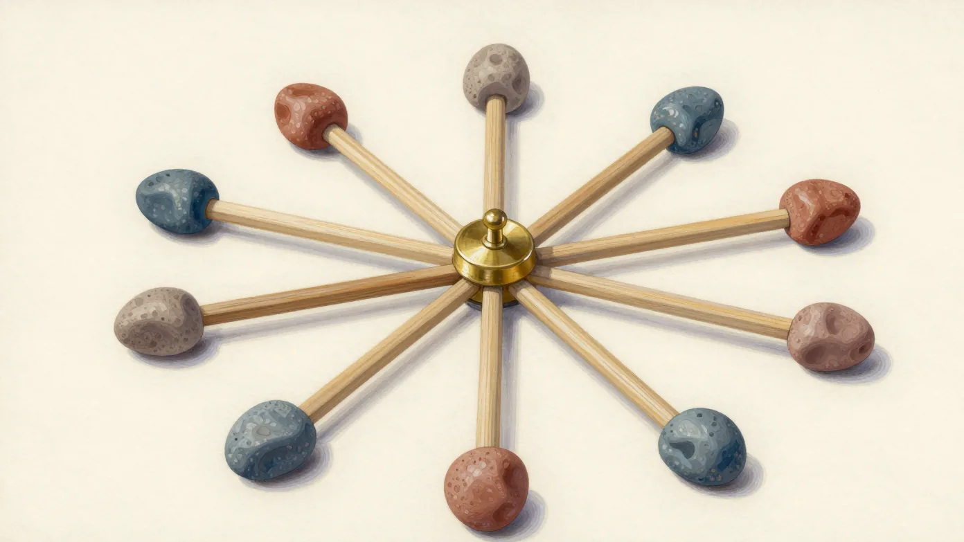 Unmarked wooden spokes radiate from a brass hub toward blue, terracotta and pale stones.