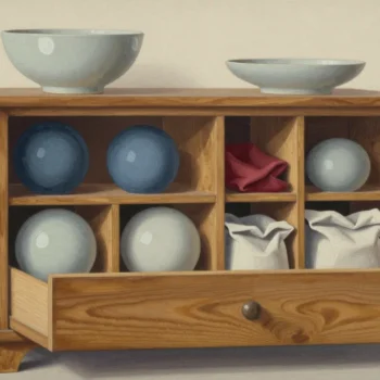 Rich still life of an oak cabinet with divided open drawers, ivory spheres, folded linen and sage bowls.