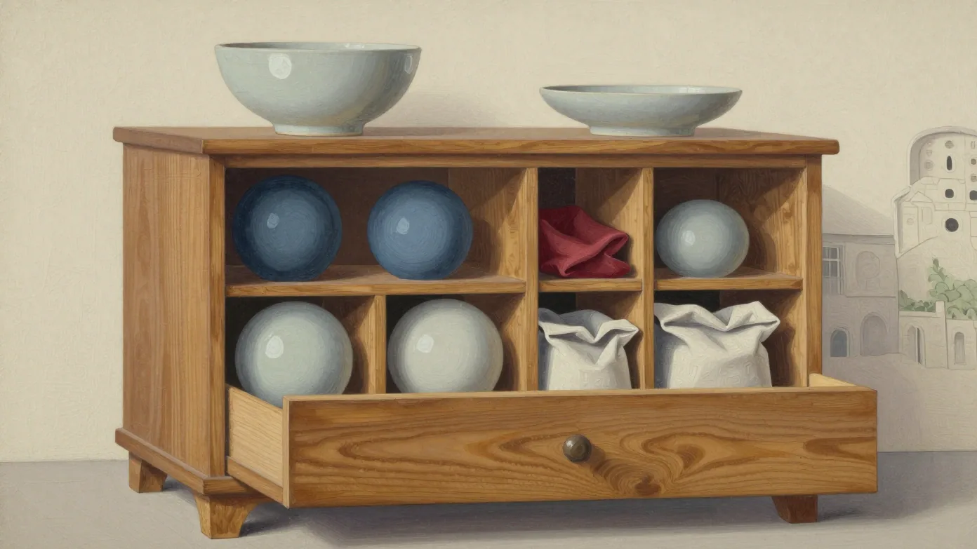 Rich still life of an oak cabinet with divided open drawers, ivory spheres, folded linen and sage bowls.
