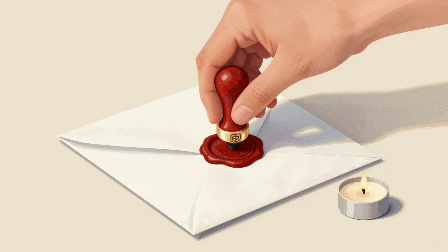 A hand pressing a signet ring into red sealing wax on a folded parcel, a candle and wax stick beside it