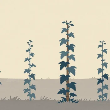 Gouache painting: four hop poles stand in a row with uneven gaps, close, wider, close