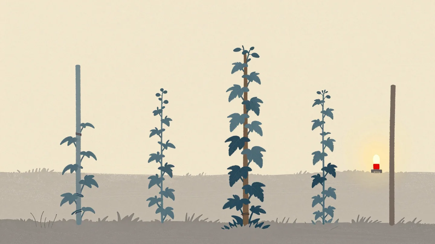 Gouache painting: four hop poles stand in a row with uneven gaps, close, wider, close