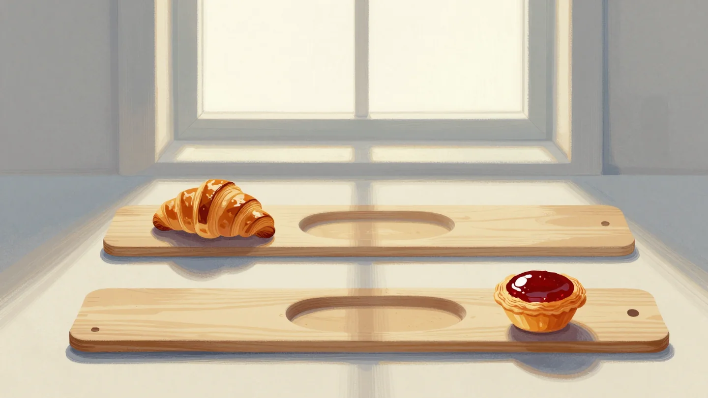 Gouache painting: two long wooden boards lie parallel