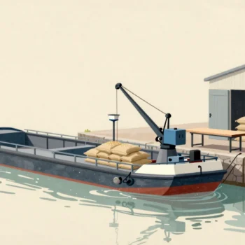 A barge unloading grain sacks at a quay, with a weighing scale and sorting table set before the storehouse.