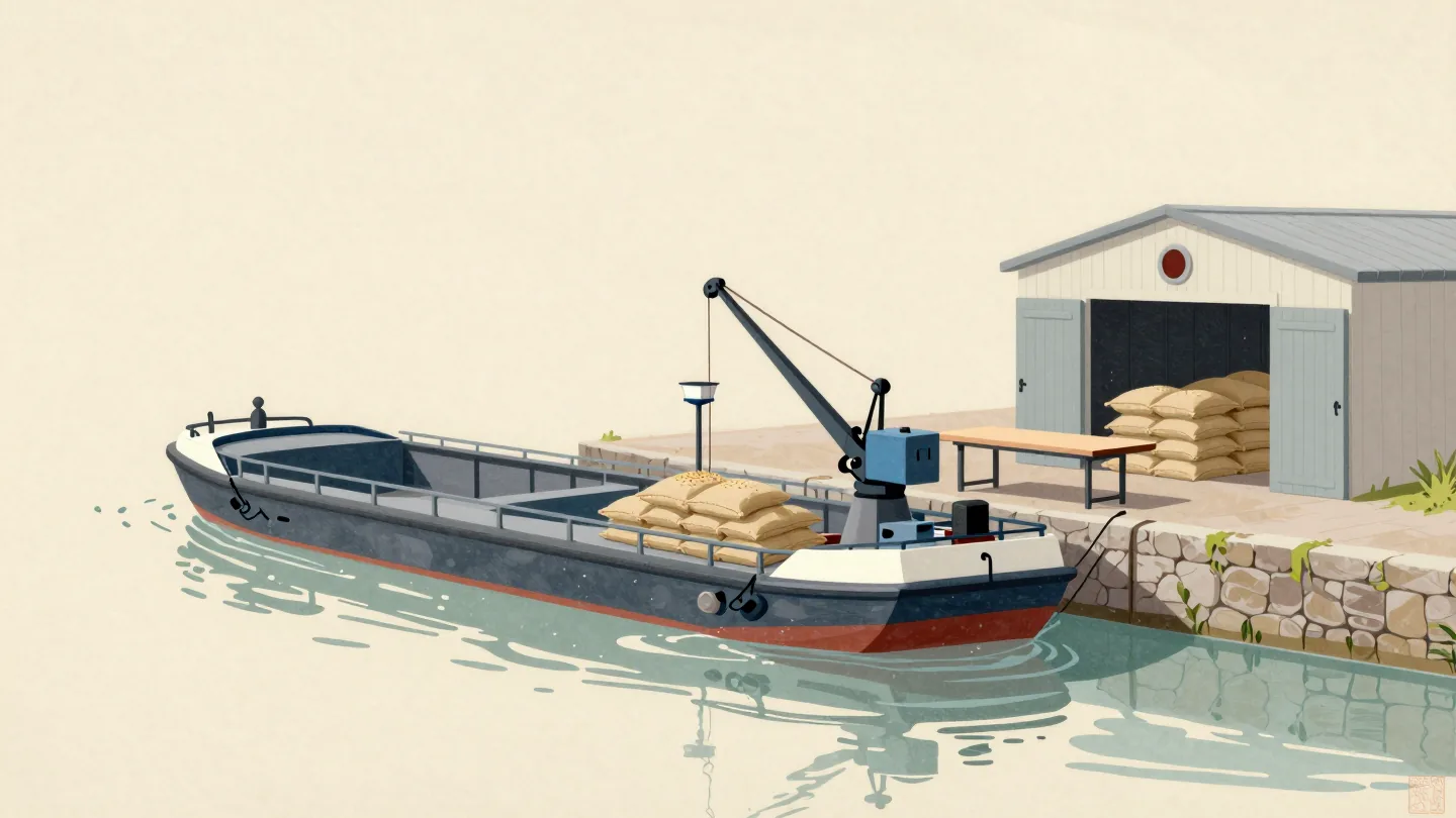 A barge unloading grain sacks at a quay, with a weighing scale and sorting table set before the storehouse.