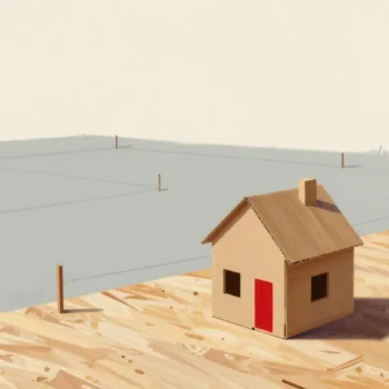 A cardboard model house beside an empty plot where string lines and stakes mark out rooms in the grass.