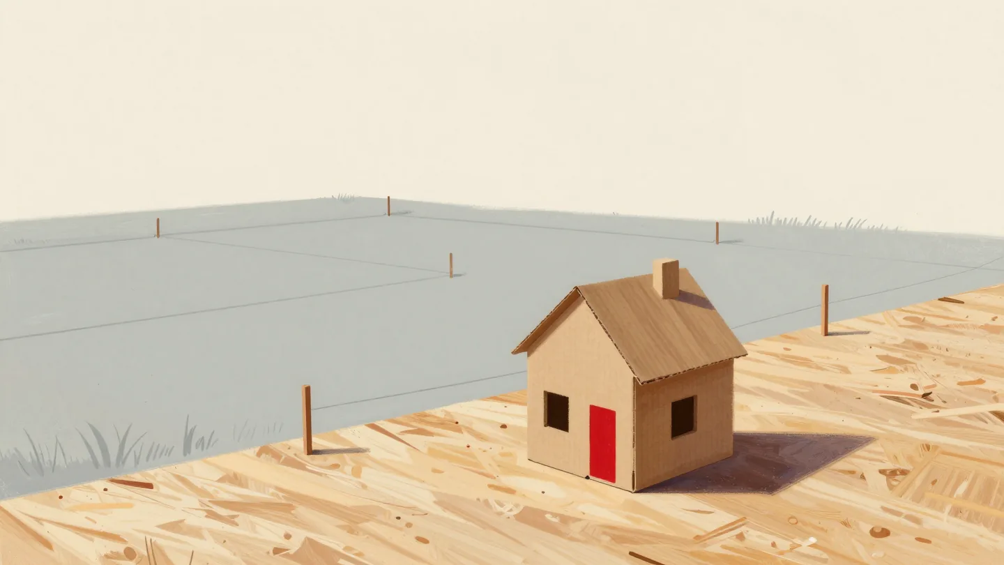 A cardboard model house beside an empty plot where string lines and stakes mark out rooms in the grass.