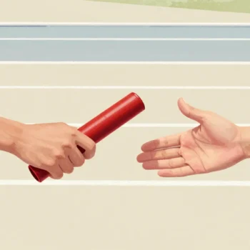 Two hands at a relay baton exchange on a running track, a small gap between the red baton and the open palm