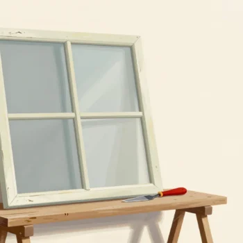 An old wooden window frame on sawhorses, half restored and primed, its original glass panes kept in place.
