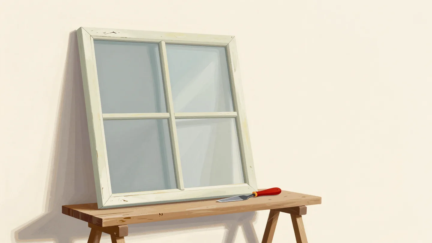 An old wooden window frame on sawhorses, half restored and primed, its original glass panes kept in place.