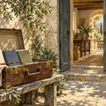 An open leather suitcase holds blank notebooks and paper beside open blue doors in a flowering stone courtyard.