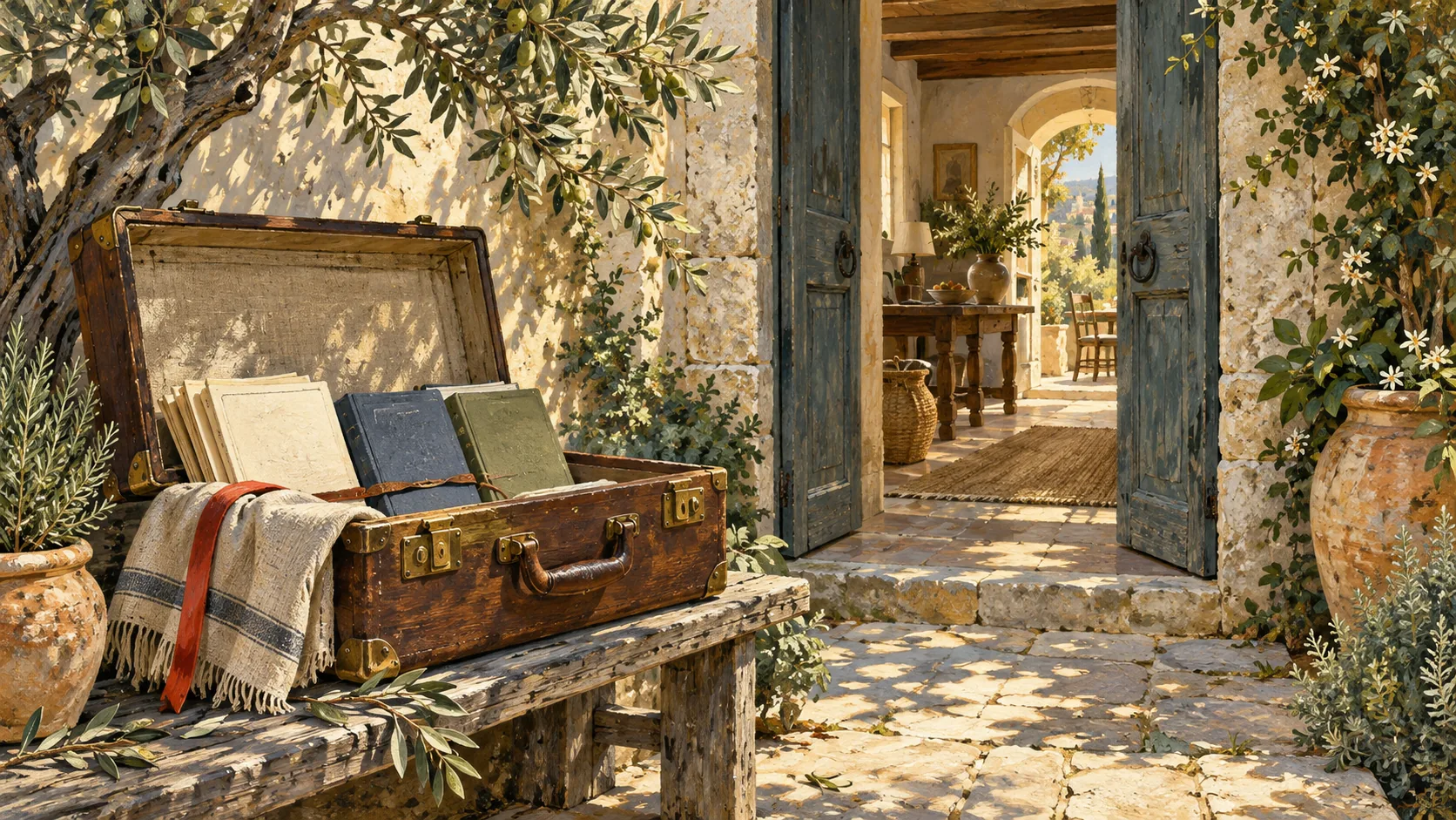 An open leather suitcase holds blank notebooks and paper beside open blue doors in a flowering stone courtyard.