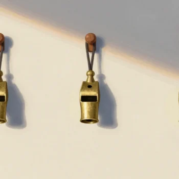 Gouache painting: on a sports room wall, three identical brass whistles hang in a row from wooden pegs