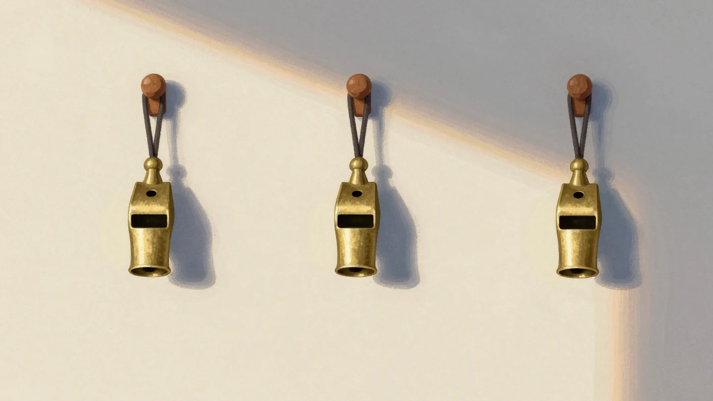 Gouache painting: on a sports room wall, three identical brass whistles hang in a row from wooden pegs