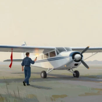 A pilot seen from behind walking around a small propeller plane at dawn, a red streamer on one wing