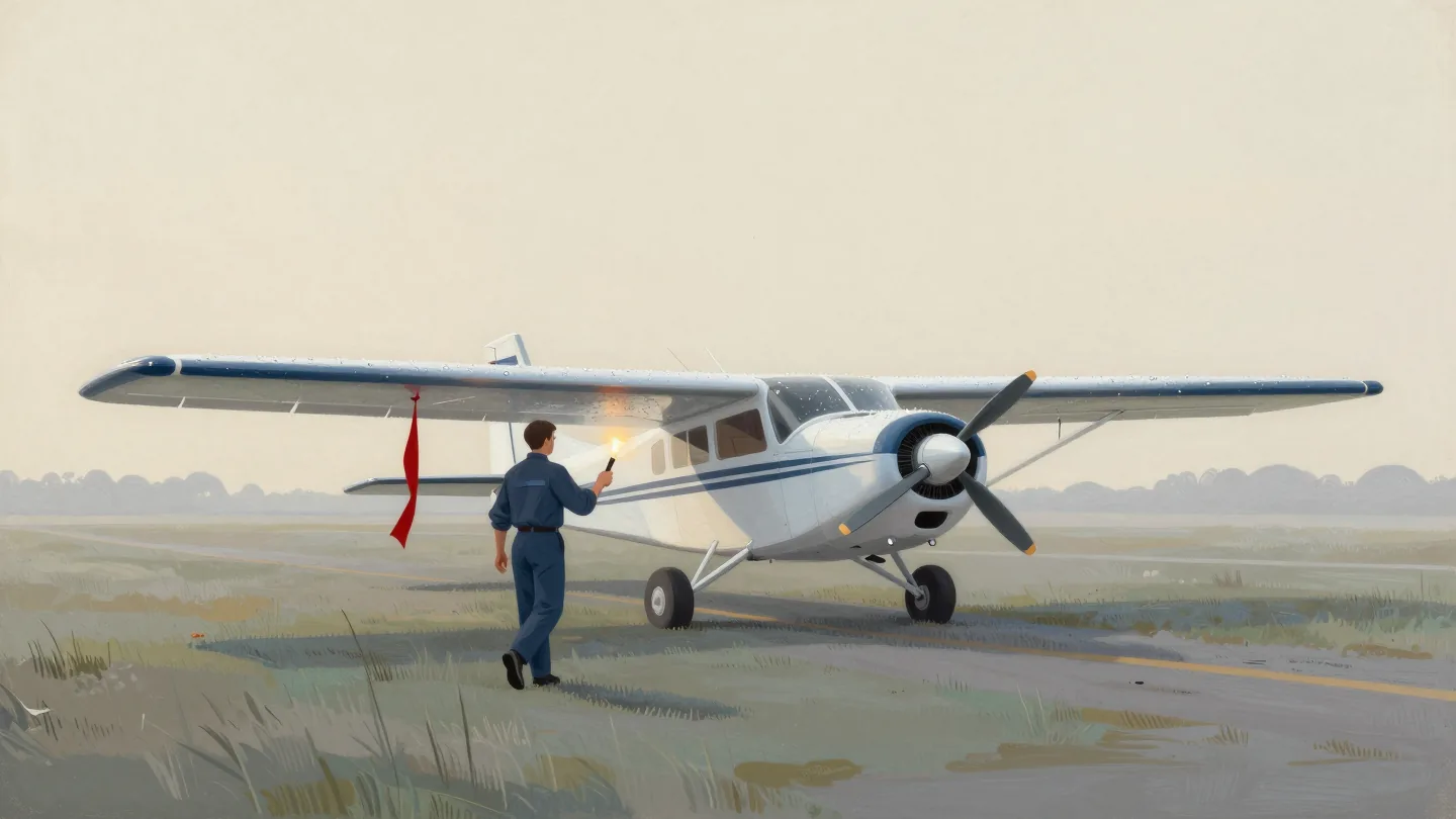 A pilot seen from behind walking around a small propeller plane at dawn, a red streamer on one wing