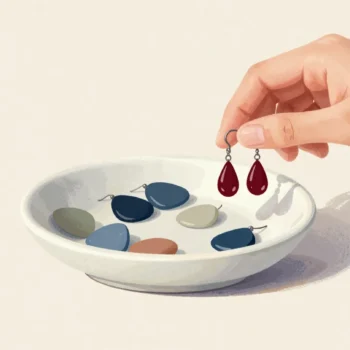 Fingers matching a red drop earring with its twin from a dish of mixed single earrings