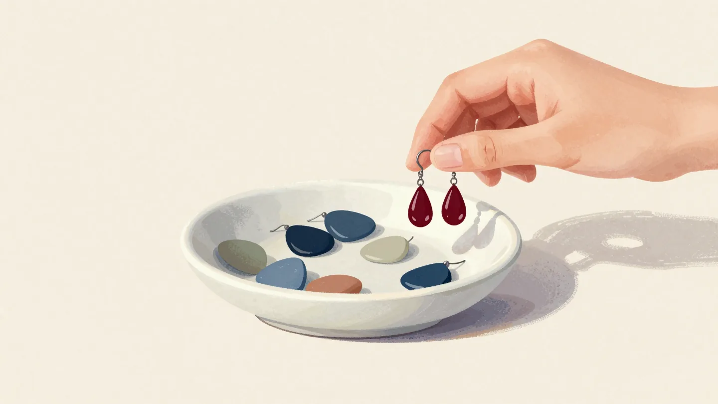 Fingers matching a red drop earring with its twin from a dish of mixed single earrings