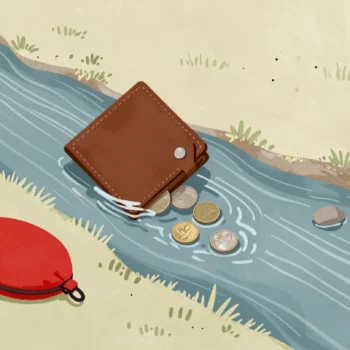 A leather wallet floating away down a stream, coins slipping out, while a zipped red purse sits dry on the bank.