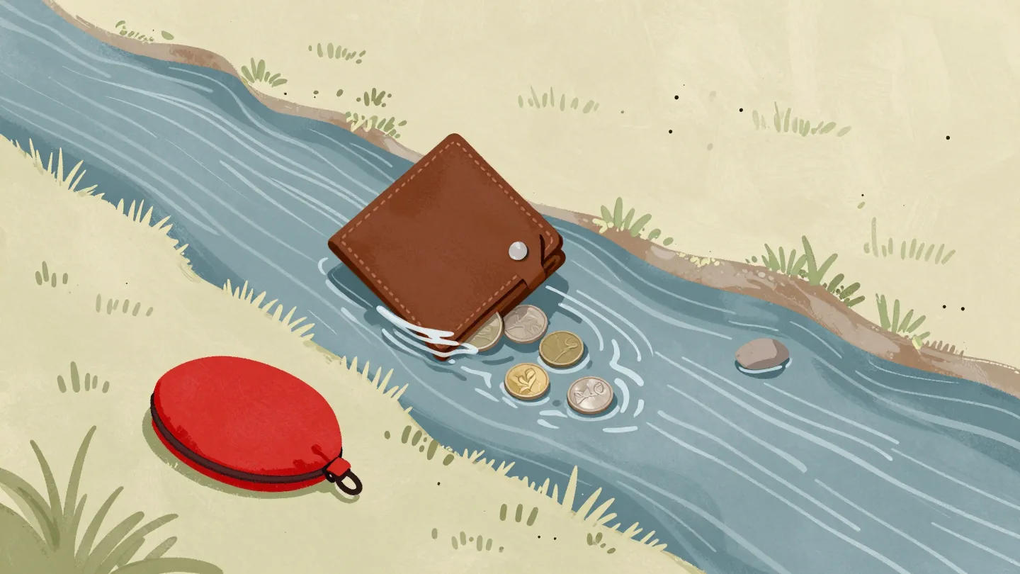A leather wallet floating away down a stream, coins slipping out, while a zipped red purse sits dry on the bank.