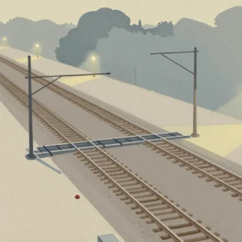 Gouache painting: in a railway yard, a long straight track runs left to right