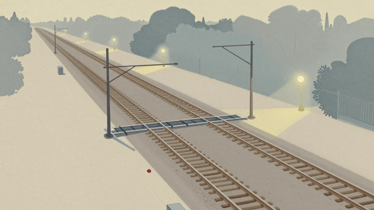 Gouache painting: in a railway yard, a long straight track runs left to right