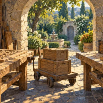 Two orderly woodworking benches flank a small cart carrying two wooden boxes in a garden workshop.