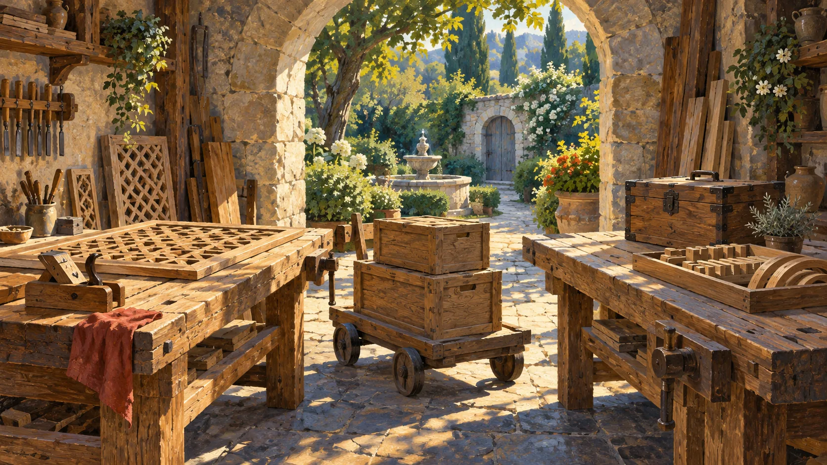 Two orderly woodworking benches flank a small cart carrying two wooden boxes in a garden workshop.