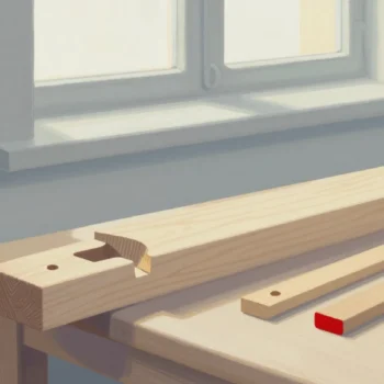 Gouache painting: on a joiner's bench, a stout beam end has one dovetail-shaped socket