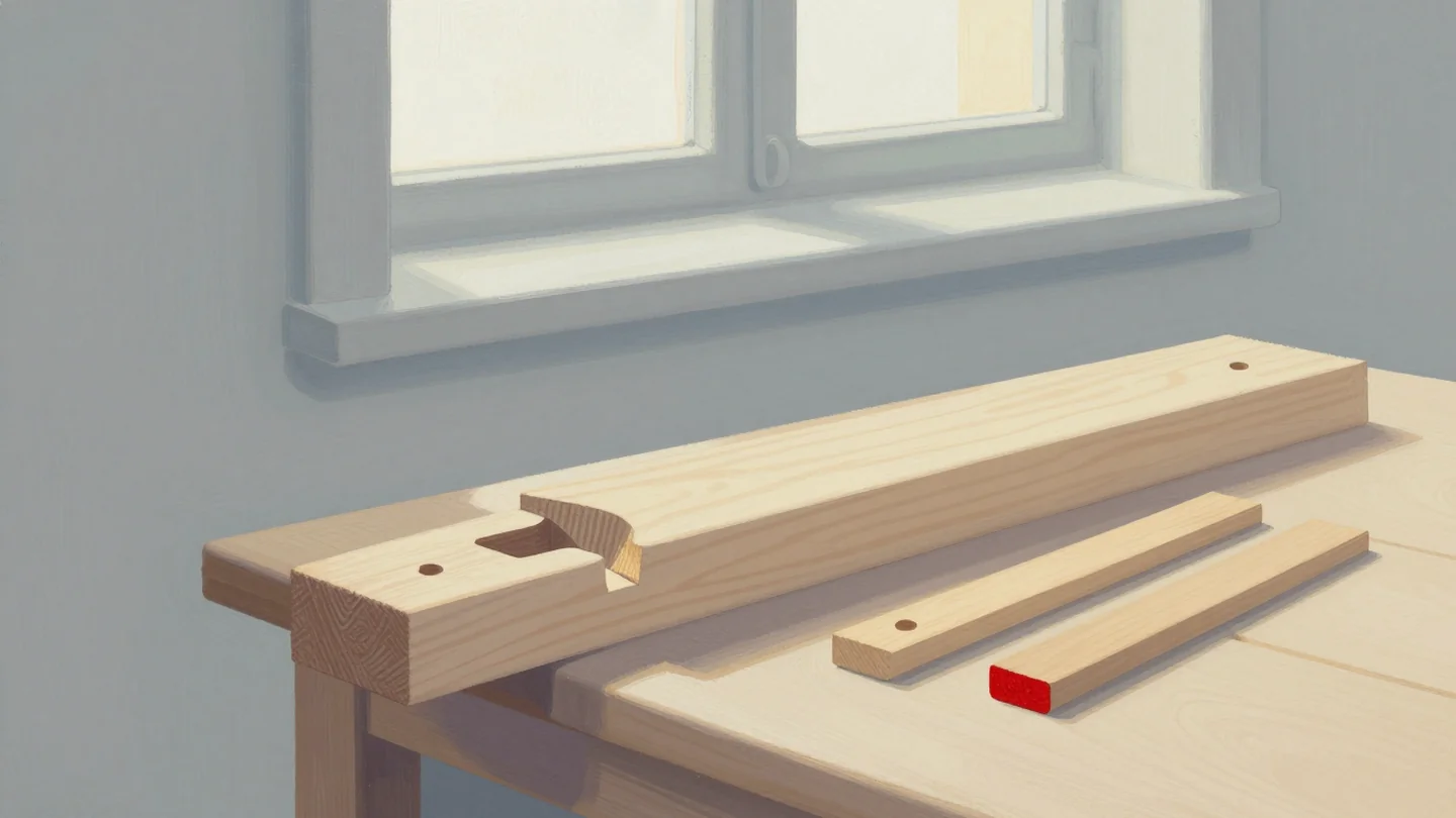 Gouache painting: on a joiner's bench, a stout beam end has one dovetail-shaped socket