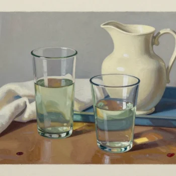 Rich still life with two differently sized glasses partly filled with sage liquid, an ivory pitcher and slate tray.