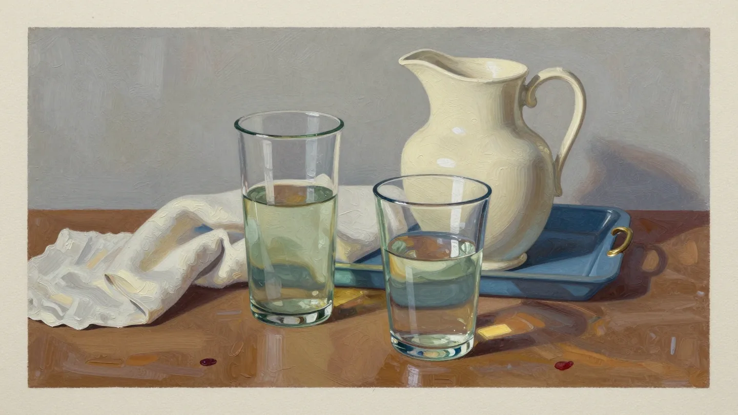 Rich still life with two differently sized glasses partly filled with sage liquid, an ivory pitcher and slate tray.