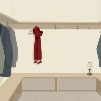 A late-night cloakroom still holding a few old coats