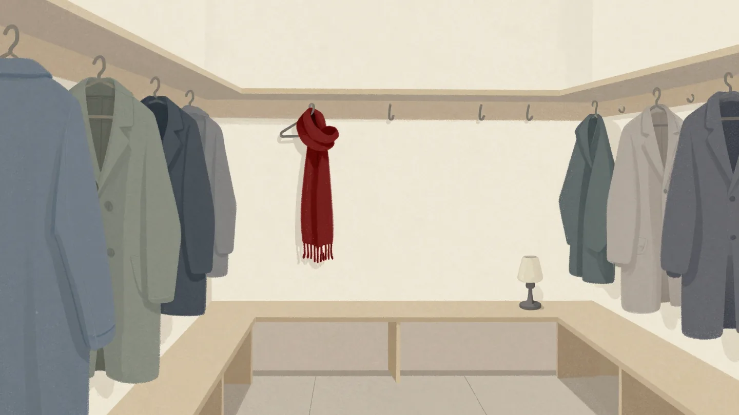 A late-night cloakroom still holding a few old coats