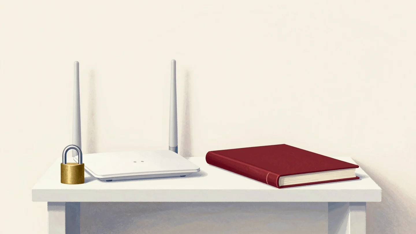A home wifi router beside a locked padlock and a closed photo album