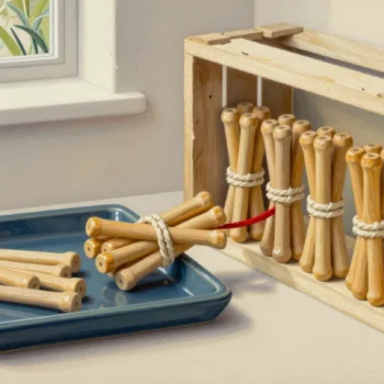 Loose wooden dowels and tied bundles rest on a slate tray beside four bundles inside an open wooden crate.