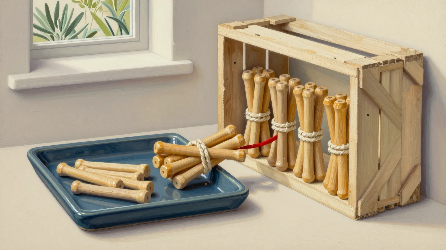 Loose wooden dowels and tied bundles rest on a slate tray beside four bundles inside an open wooden crate.