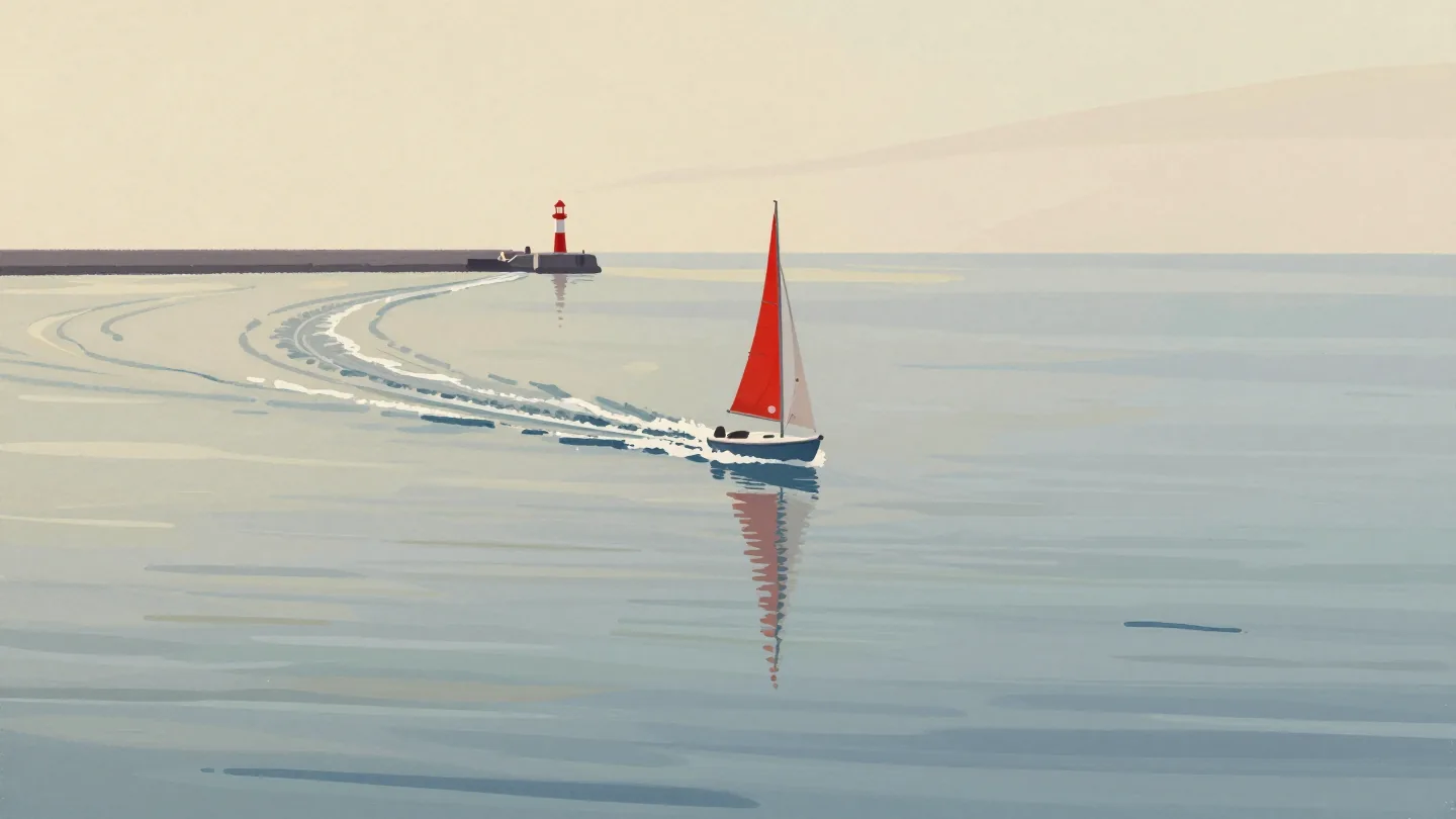 A small sailboat crossing a bay, its curved wake showing how far the wind pushed it off a straight course.