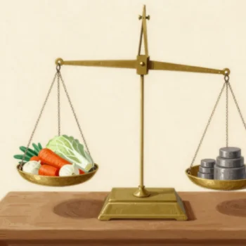 A brass balance scale on a market stall weighing a heap of vegetables against a stack of plain iron weights.