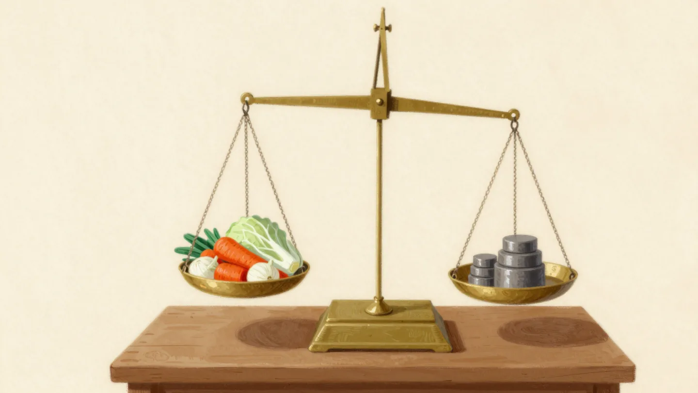 A brass balance scale on a market stall weighing a heap of vegetables against a stack of plain iron weights.