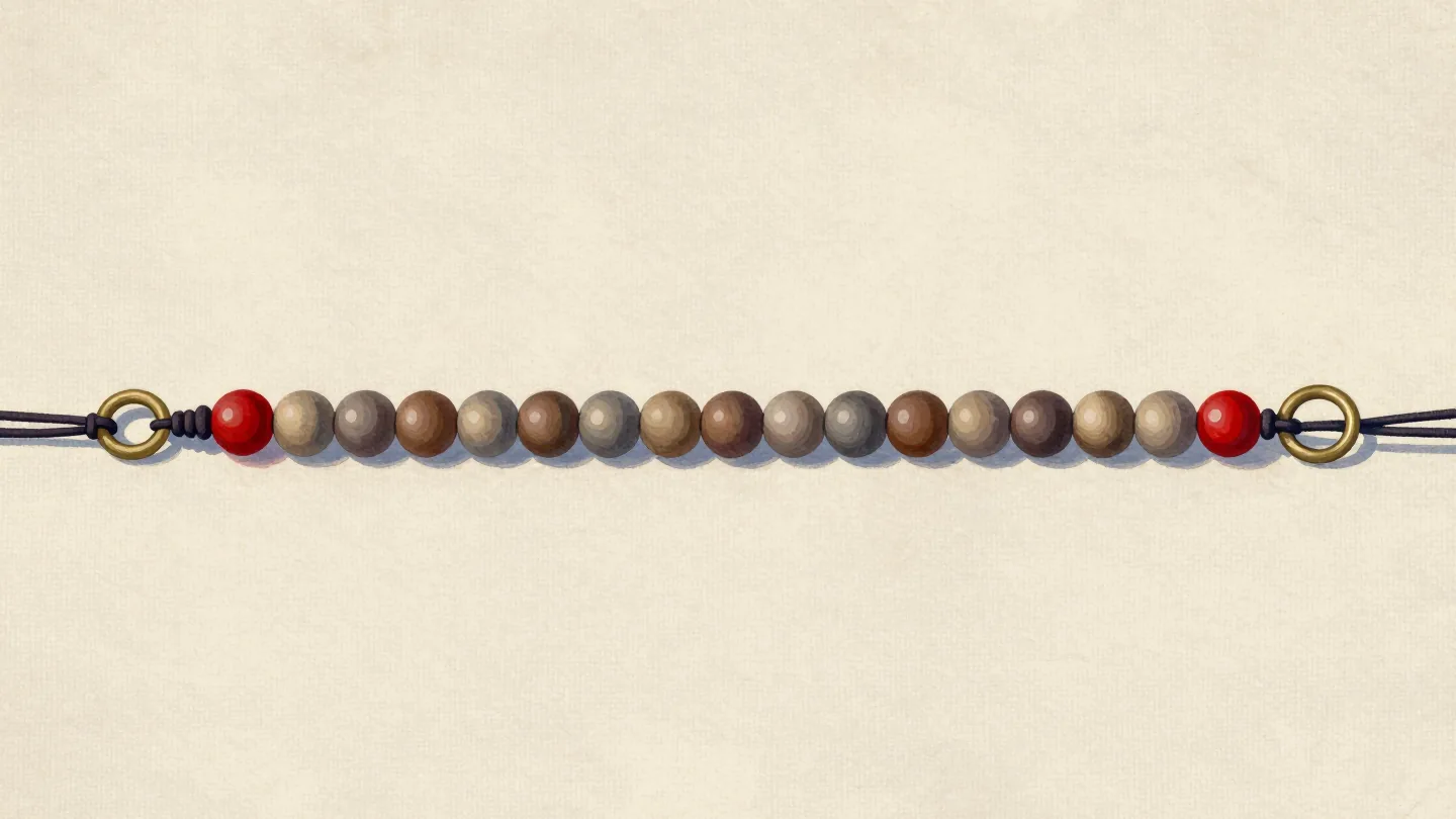 A long cord of wooden beads tied to a brass ring, every seventh bead red, a fingertip on the first