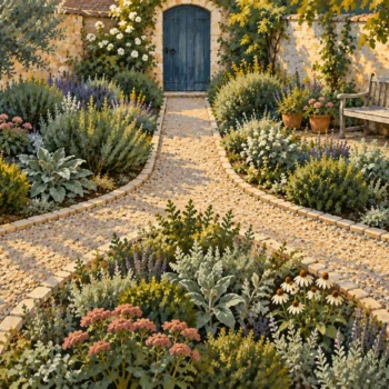 Pale gravel garden paths join beside flowering beds, a wooden bench and closed blue doors.
