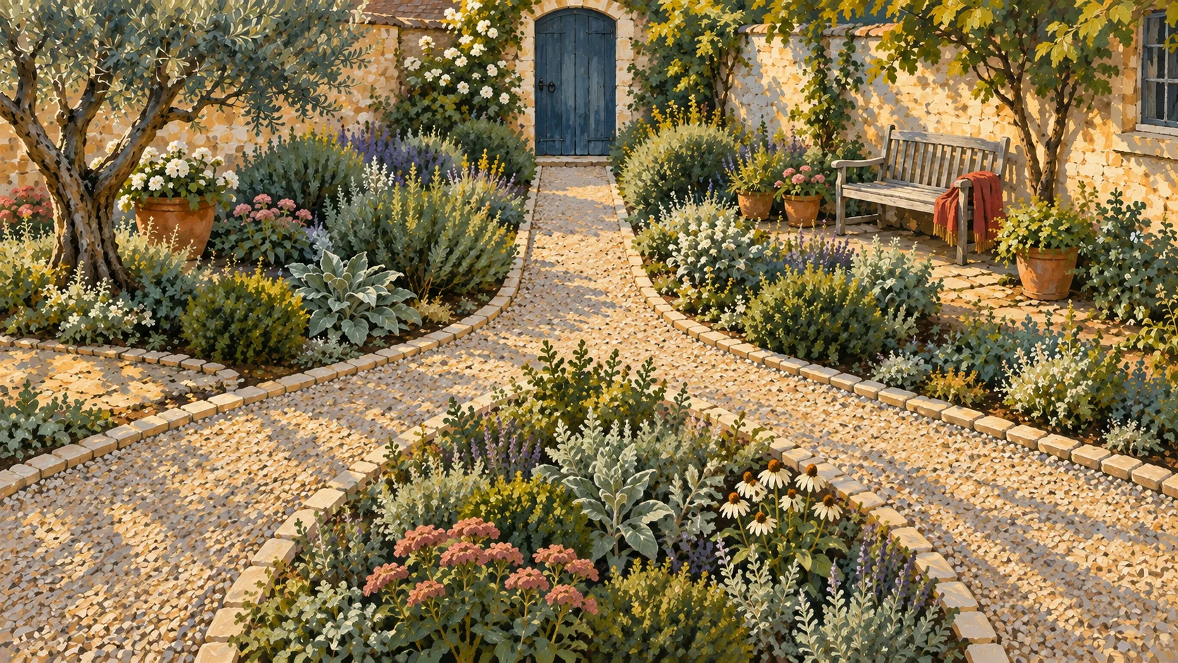 Pale gravel garden paths join beside flowering beds, a wooden bench and closed blue doors.