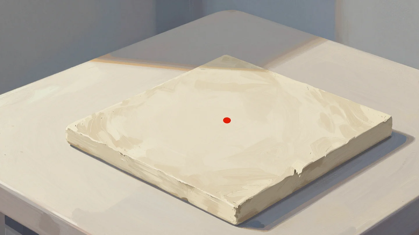 Gouache painting: two square slabs of pale clay overlap at one corner on a potter's table
