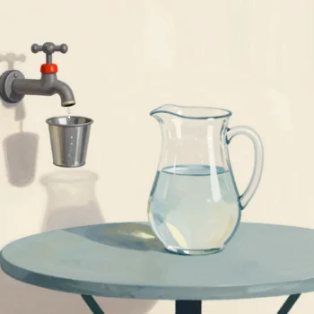 A full glass pitcher of water on a garden table, while behind it a hand holds a tin cup under a dripping wall tap.
