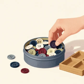 A hand searching a tin of jumbled buttons for a matching set, an empty compartment tray beside it.