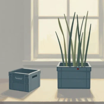 Gouache painting: on a farm table stand a short crate and a tall crate